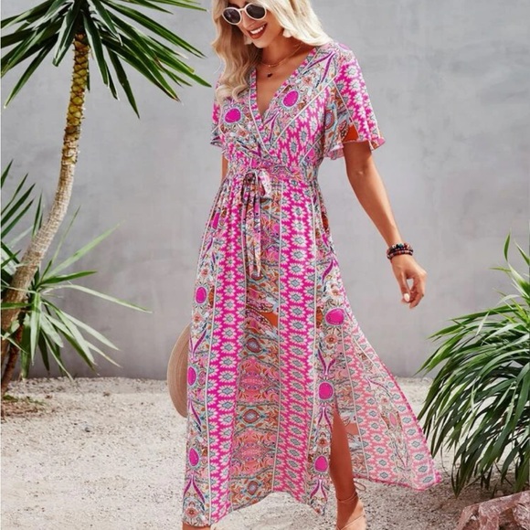 Boho Floral Paisley Print Side Silt Cottagecore Dress Navy Blue - Picture 7 of 12